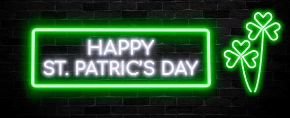 Happy Saint Patric's Day neon banner on brick wall background.