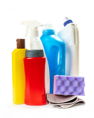 Cleaning bottles for different surfaces in kitchen, bathroom and other rooms. Spring regular cleanup.