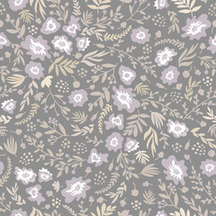 Fototapeta premium Seamless floral pattern in dusty purple, beige and gray. 
