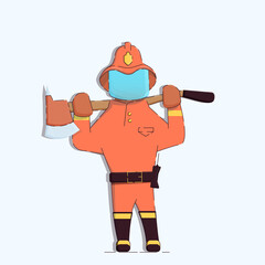 Illustration of a confidently standing black firefighter in boots and a safety helmet holding an ax on his shoulders. The face is covered with glass. Vector. Isolated white background.