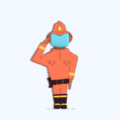 Illustration of a black firefighter in boots and a safety helmet saluting. The face is covered with glass. Vector. Isolated white background.