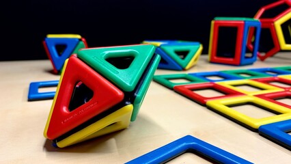 Magnetic multi-colored constructor for children in the form of geometric shapes. Development of young children through toys