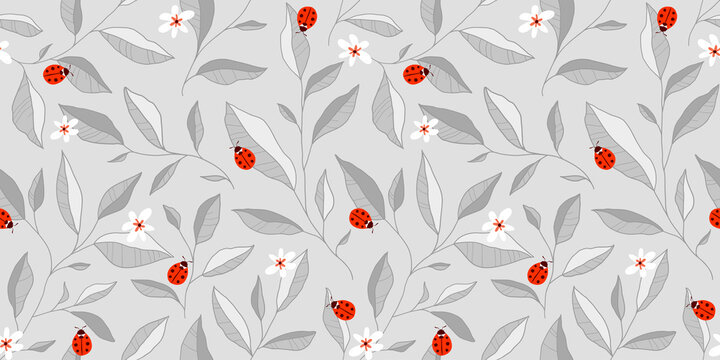 Seamless pattern with leaves, ladybugs and flowers. Cute vector floral background.