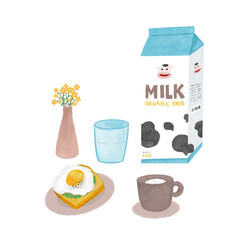 朝食食卓イメージ　イラスト　牛乳とパン