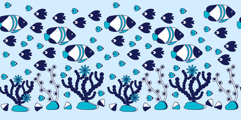 Seamless border Under water. Marine vector motif . Doodle of the underwater world, sea, ocean . Aquariums.