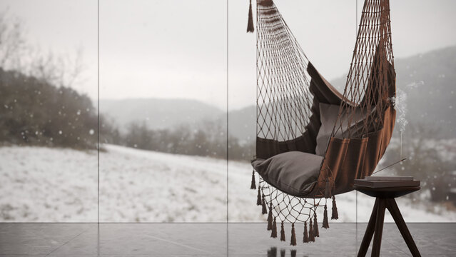 Modern interior design with rope swing chair and view on beautiful winter landscape 3D Rendering, 3D Illustration