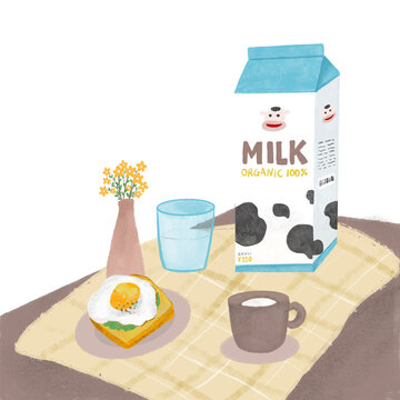 朝食食卓イメージ　イラスト　牛乳とパン