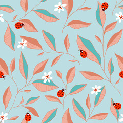 Seamless pattern with leaves, ladybugs and flowers. Cute vector floral background.