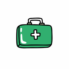 first aid suitcase doodle icon, vector color line illustration