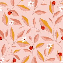 Seamless pattern with leaves, ladybugs and flowers. Cute vector floral background.