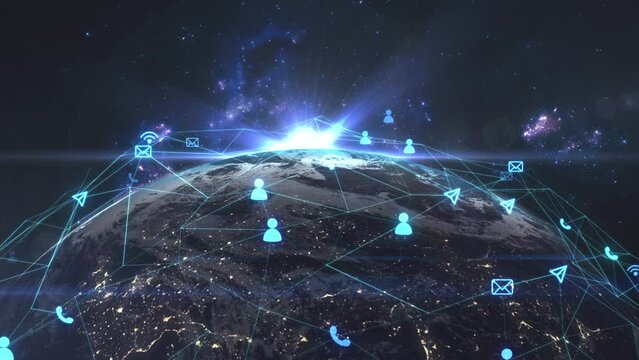 Animation of a global network with wi fi icons, people, messages around the planet and interconnected communication lines. View from space on the planet. Concept of modern technology, social networks