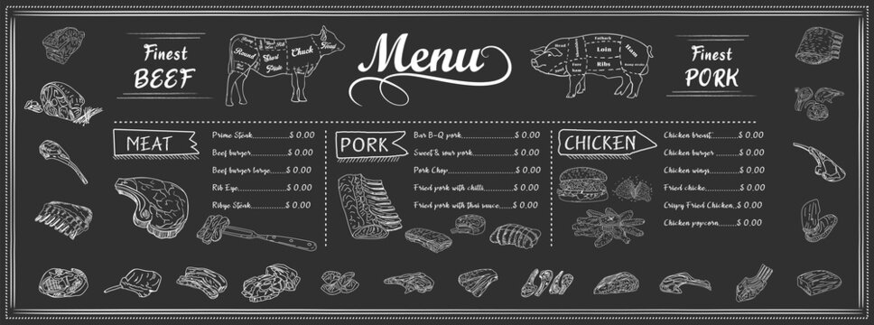 Restaurant Food Menu Design with Chalkboard Background. Vector.