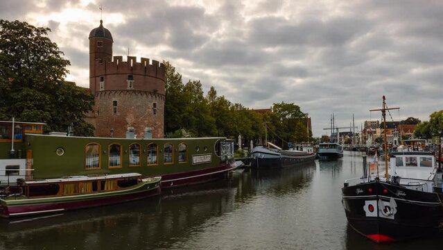 Day Time Lapse with clouds and boats in Zwolle, Overijssel, The Netherlands