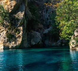 Fototapeta na wymiar rocky canyon with blue water in Goynuk, Turkey