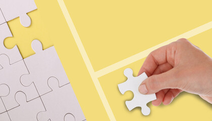 Creative idea. Business concept. Close up Jigsaw Success and leadership futuristic for Teamwork connection on yellow. banner, copy space, digital, banner, website -3d Rendering