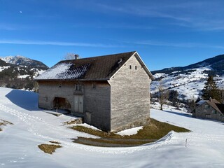 Indigenous alpine huts and wooden cattle stables on Swiss pastures covered with fresh white snow cover, Alt St. Johann - Obertoggenburg, Switzerland (Schweiz)