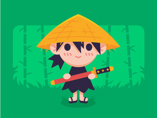 Little Samurai Children with a Katana in a Bamboo Forest