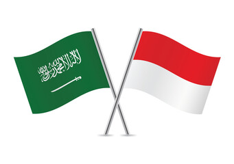 Saudi Arabia and Indonesia crossed flags. Saudi Arabian and Indonesian flags, isolated on white background. Vector icon set. Vector illustration.