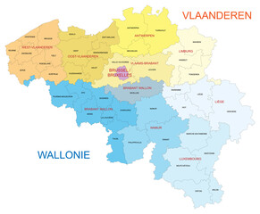 Carte de Belgique avec divisions par provinces et arrondissements - Libellés en néerlandais pour la Flandre et en français pour la Wallonie - textes vectorisés et non vectorisés sur calques séparés