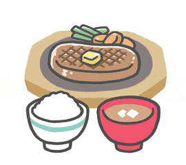 ご飯と味噌汁とステーキがセットになった定食メニュー
