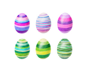 Happy Easter. Watercolor set of hand drawn colored Easter eggs isolated on white background. For greetings card design.