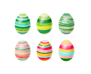 Happy Easter. Watercolor set of hand drawn colored Easter eggs isolated on white background. For greetings card design.
