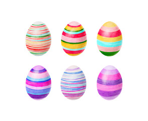 Happy Easter. Watercolor set of hand drawn colored Easter eggs isolated on white background. For greetings card design.