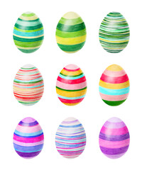 Happy Easter. Watercolor set of hand drawn colored Easter eggs isolated on white background. For greetings card design.