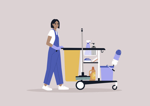 A young female character in a uniform rolling a hotel cleaning service cart
