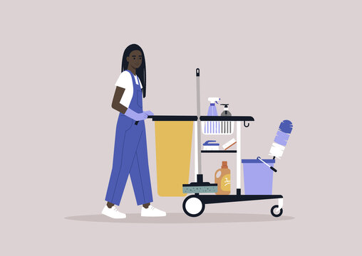 A young female African character in a uniform rolling a hotel cleaning service cart