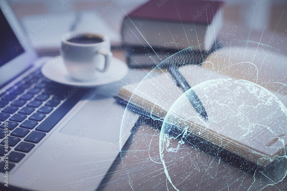 Poster Double exposure of social network drawing and desktop with coffee and items on table background. Concept of international connection.