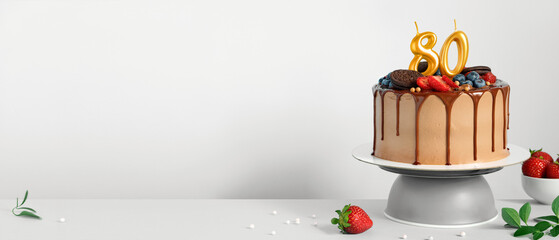 Banner with Chocolate birthday cake with berries, cookies and number eighty golden candles on White background, copy space