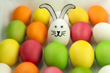 Funny bunny among colorful eggs. Easter concept. Positive holiday background 