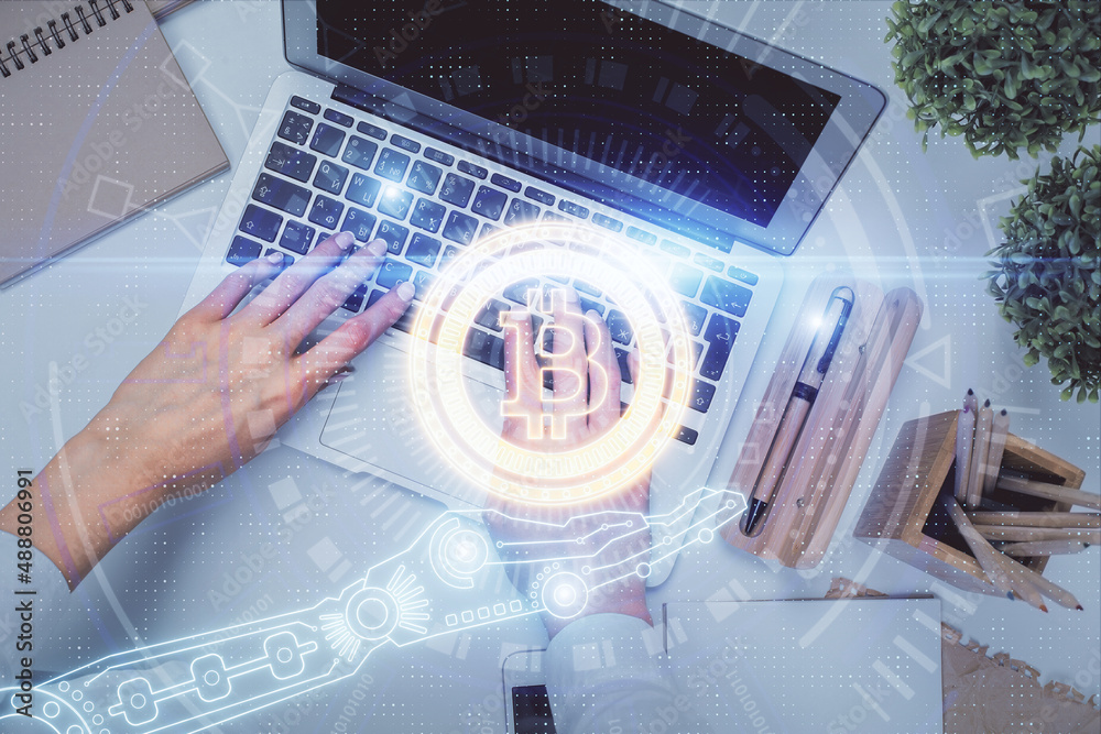 Poster Double exposure of woman hands working on computer and blockchain theme hologram drawing. Top View. bitcoin cryptocurrency concept.