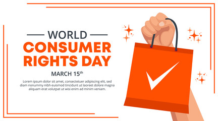 World consumer rights day design with a hand holding a shopping bag - obrazy, fototapety, plakaty