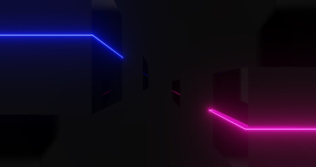 Render with blue and pink laser beams and three dimensional cubes
