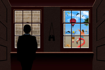 The world outdside the window is either a blank wall or a plethora of sights and sounds of interesting things. This is a 3-d illustration about how we view the world.