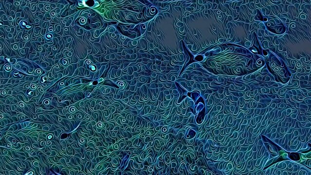 Unusual and unique animation of group of fish swimming in cyberspace world. Digital art concept