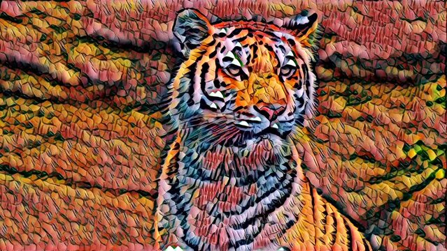 Incredible unique digitally generated painted animation of tiger. Digital art concept