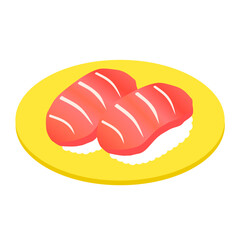 スシ。お皿に乗ったマグロの握り寿司。