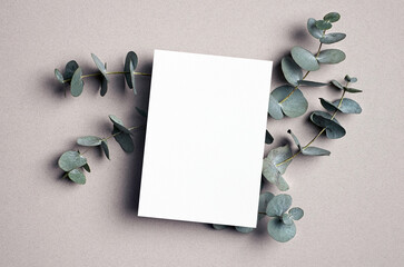 Invitation or greeting card mockup with natural eucalyptus twigs on paper background
