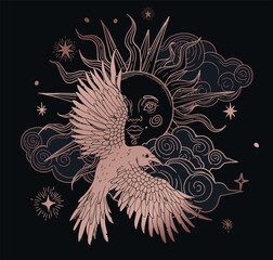 illustration with raven on cosmic background, night sky, with stylized stars and clouds