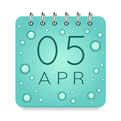 05 day of month. April. Calendar daily icon. Date day week Sunday, Monday, Tuesday, Wednesday, Thursday, Friday, Saturday. Dark Blue text. Cut paper. Water drop dew raindrops. Vector illustration.