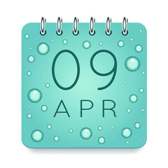 09 day of month. April. Calendar daily icon. Date day week Sunday, Monday, Tuesday, Wednesday, Thursday, Friday, Saturday. Dark Blue text. Cut paper. Water drop dew raindrops. Vector illustration.