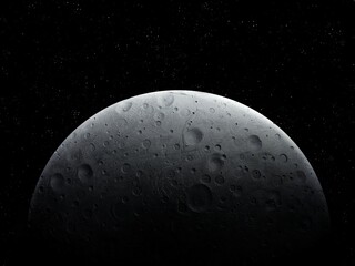 Large planetary satellite with craters in deep space. Rocky moon in the solar system. View from space. 