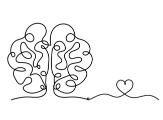 Man silhouette brain with heart as line drawing on white background. Vector