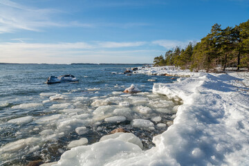 View of the coast and Gulf of Finland in winter, Kopparnas, Inkoo, Finland