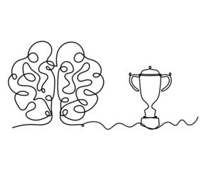 Man silhouette brain with trophy as line drawing on white background