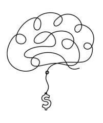 Man silhouette brain with dollar as line drawing on white background. Vector