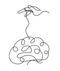 Man silhouette brain with hand as line drawing on white background